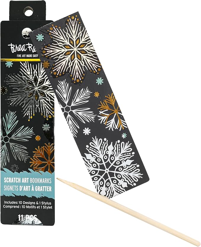 Brea Reese Scratch Art Bookmarks Kit - Snowflakes, 10 Holiday Designs, Dual-Tip Stylus, Metallic Winter DIY Toy Craft Set, Handmade Gift Idea for Adults