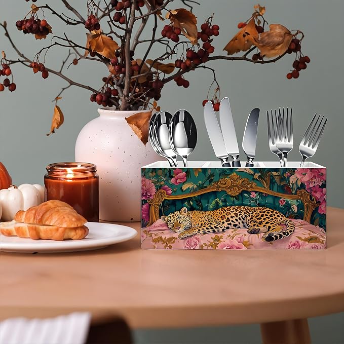 Trendy Retro Leopard Pen Pencil Holder, Leopard Print Gifts for Women, Eclectic Maximalist Sleeping Cheetah Pencil Pen Holder Organizer for Home Office Desk Accessories