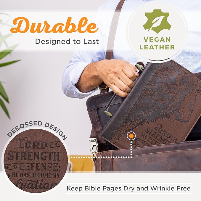 Christian Art Gifts Men's Classic Bible Cover The Lord is My Strength Lion Exodus 15:2, Brown Faux Leather, Medium