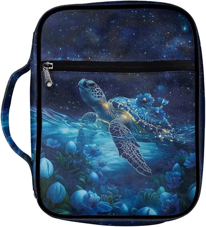 Suobstales Galaxy Turtle Flower Print Bible Cover Carrying Book Case for Women Men Lightweight Bible Bag Bible Protective with Handle and Zippered Pocket