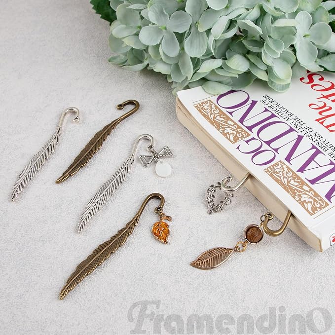 Framendino, 30 Pack Vintage Metal Feather Bookmarks Hairpin Hook Charms Pendant