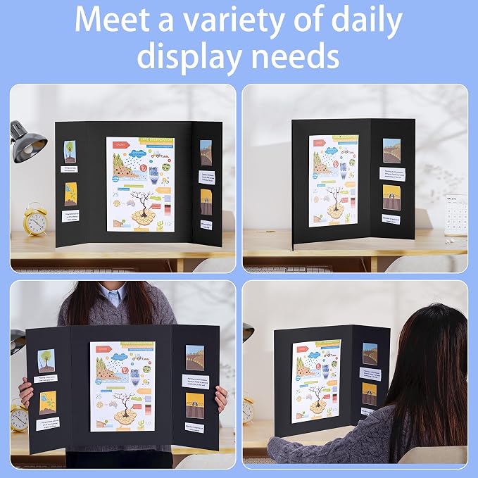 AKONEGE 6Pcs Medium Trifold Poster Board, 26" x 16" Black Corrugated Cardboard Tri Fold Poster Boards for School Projects, Presentations, Science Fair, Photo Display, Art Exhibition