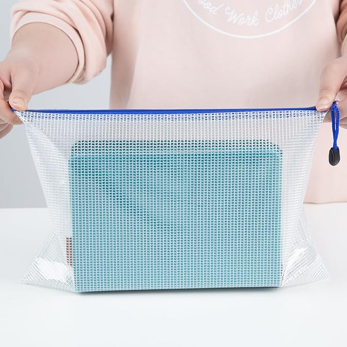 Koogel 5PCS Mesh Zipper Pouch Bags, A4 Zipper File Bags for Organizing Storage, Waterproof Plastic Pencil Pouches, Reusable File Bag for School, Office Classroom Organization Supplies, 5 Colors