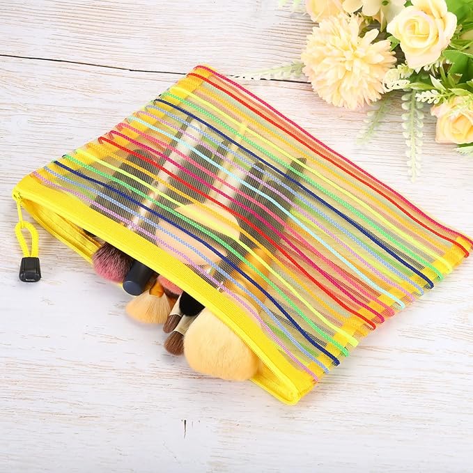 PATIKIL Mesh Zipper Pouch, 12 Pack Nylon A5 Size Pen Pencil Case Document Toiletry Cosmetic Makeup Zipper Travel Pouch Organizer for Office, Yellow