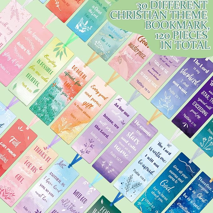 Chinco 120 Pack Bible Verse Bookmarks for Women Christian Scripture Inspirational Book Marks with Ribbons Religious Motivational Bookmarks for Women Men Church Office Gifts Supplies