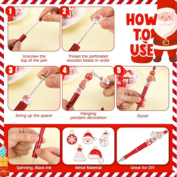 Zhanmai 20 Pcs Christmas Beadable Pens bulk with 100 Assorted Wooden Beads 20 Metal Pendants 40 Spacer Beads 25 Lobster Clasp Plastic Classic red Bead Pens for Student School Office DIY Making Gift