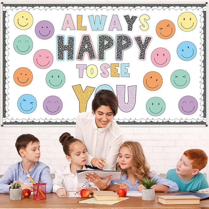Composition Smile Face Bulletin Board Decoration Back to School Decor Always Happy to See You Bulletin Board Set Pastel Smile Face Paper Classroom Cutouts for Chalkboard Wall Door Decor Supplies