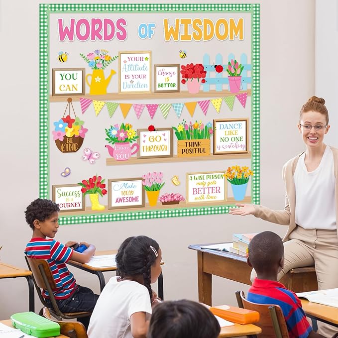 Spring Bookshelf Bulletin Board Words of Wisdom Classroom Bulletin Board Decor Inspirational Quote Flower Bee Cutouts Plant Bulletins Boards for Spring Class Chalkboard Wall Decor Teacher Supplies