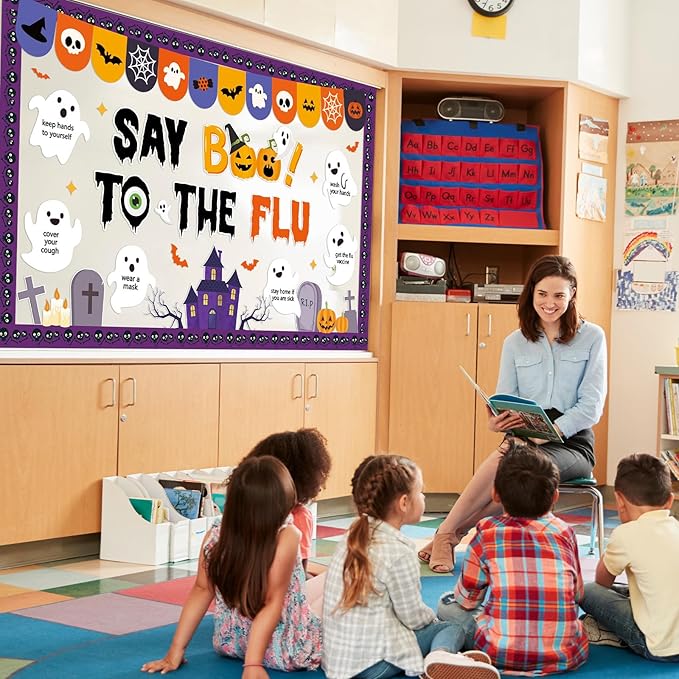 Halloween Ghost Bulletin Board Halloween Healthy Classroom Decorations Set Flu Awareness Theme Cutouts Ghost Pumpkin Paper Cutout for Office School Publicity Chalkboard Wall Decor