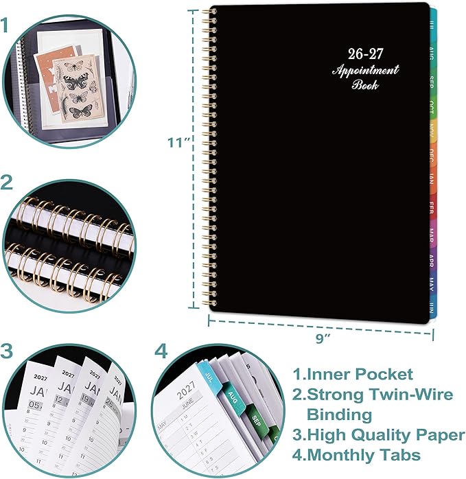 2026-2027 Appointment Book - 2026-2027 Planner, July 2026 - June 2027, 9" x 11", Daily Hourly Planner, Half Hour (30 Mins) Interval, Colorful Monthly Tabs, Lay-Flat, Inner Pocket