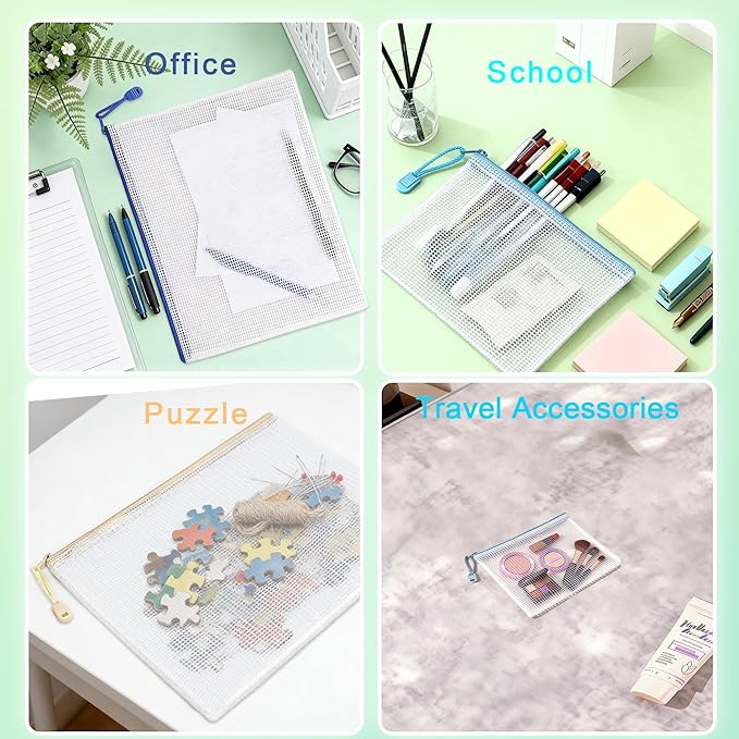 12-Pack Mesh Zipper Pouch Set with 1 Organizer Bag, 3 Sizes (A4, A5, B6) Clear Waterproof File Bags for Travel Organization, Journaling & School Office Supplies (13pcs)