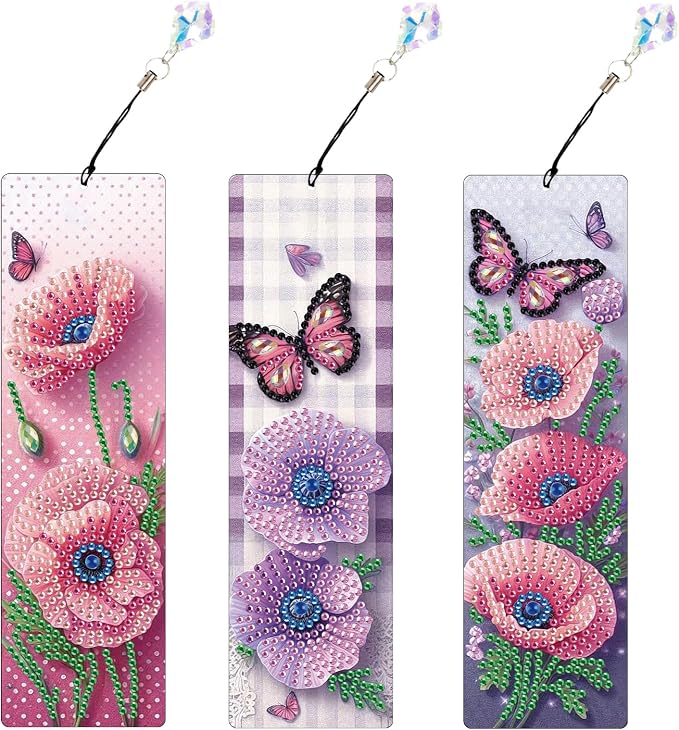 Tontut 3pcs Diamond Art Painting Kit Bookmark, Lotus Flower Exquisite Universal DIY Bookmark, Lightweight and Durable, Suitable for Reading Lovers