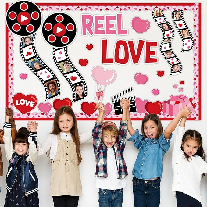 Valentine's Day Bulletin Board Decorations Movie Night Bulletin Board Movie Themed Paper Cutouts Valentines Red Pink Heart Classroom Decor for Wall Chalkboard Decor Supplies
