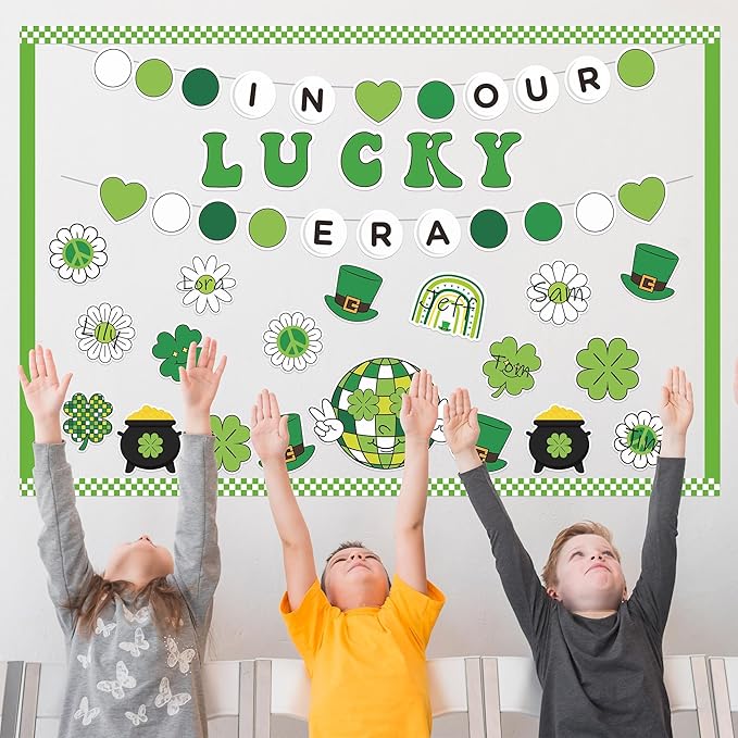 141Pcs St. Patrick’s Day Bulletin Board Classroom Decoration Retro Hippie Rainbow Flower Cutouts Shamrock Clover Name Tags Green Border Trim School Chalkboard Supplies Wall Door Decor