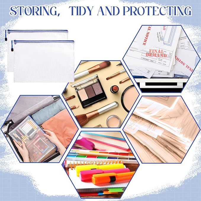 Zhehao 100 Pcs A4 Mesh Zipper Pouch Bag Bulk Mesh Pouch with Zipper Waterproof Clear Storage Bag for School Office Supplies Cosmetics Travel,13.19 x 9.45 in (Blue)