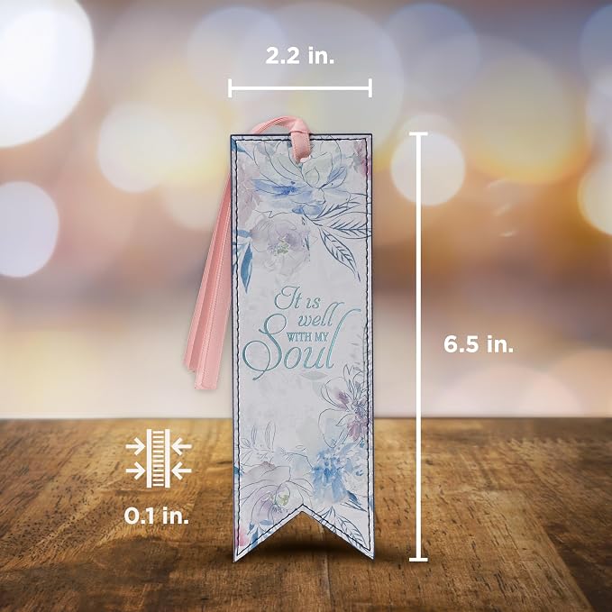 Christian Art Gifts Premium Vegan Faux Leather Scripture Bookmark for Women: It is Well with My Soul Hymn - Inspirational Heat-Debossed Faith-Based Reading Book Accessory w/Ribbon Tassel, Floral Pink