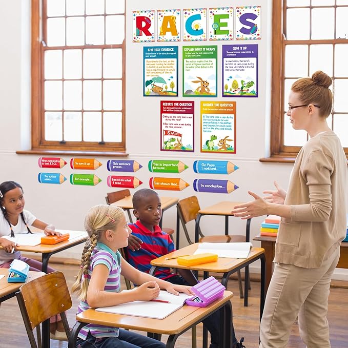 Outus 36 Pcs RACES Writing Strategy Bulletin Board Poster Set, Alphabet Cutout and Writing Posters, Pencils with Sentence Beginning and Blank Pencils for Elementary School Classroom Wall Decoration