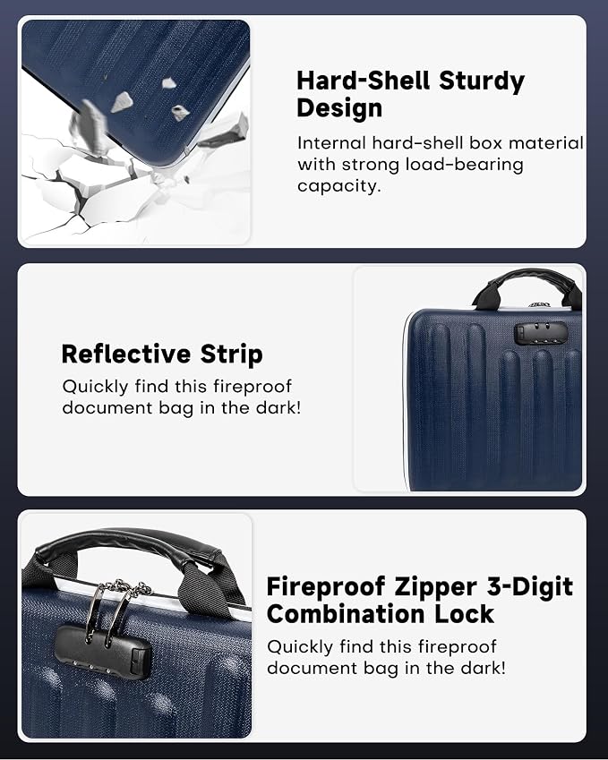 DOZAWA Fireproof Document Box, Hard Case Document Organizer with Lock, 13 Pockets Accordion File Folder with Reflective Strip, Waterproof Safe Box for Important Documents & Valuables Storage, Deepblue