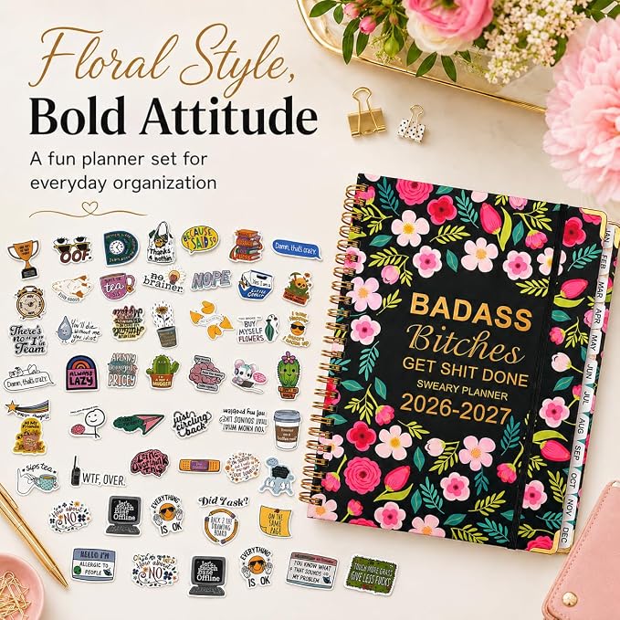Badass Bitches Get Shit Done Sweary A5 Planner 2026-2027 - 6.2*8.5" Weekly Monthly You Are A Badass Calendar for Women, Fuck It Swear Daily Notebook Goals Productivity Journal Affirmations Gift, Black