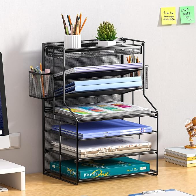 Black 7 Tier Desk File Organizer, Metal Letter Tray Paper Organizer with Pen Holder and Metal Hanging Basket, Vertical Desktop File Holder for Home Office Organization