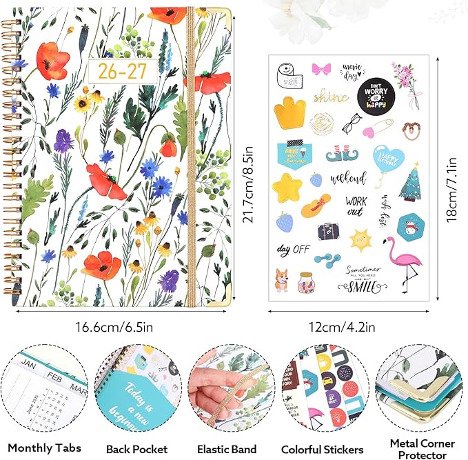 2026-2027 Planner, Weekly and Monthly Planner, July 2026-June 2027, Calendar Planner A5 (6.1" x 8.4") with Tabs, Inner Pocket for Home School Office Supplies, Red Flower