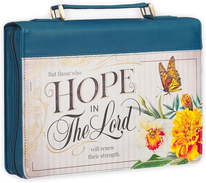 Christian Art Gifts Vibrant Blue Floral Fashion Bible Cover for Women: Hope in the Lord - Isa. 40:31 Inspirational Scripture Verse, Vintage Vegan Leather Book Carry Case w/Stationery Storage, Large