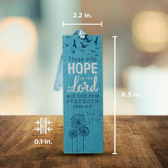 Christian Art Gifts Teal Faux Leather Bookmark | Hope In The Lord - Isaiah 40:31 Bible Verse Inspirational Bookmark for Women w/Satin Ribbon Tassel