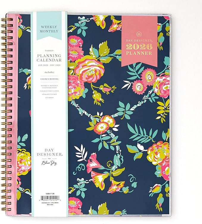 Blue Sky Day Designer 2026 Weekly and Monthly Planner Calendar, January 2026 - December 2026, 8.5" x 11", Clear Pocket Cover, Durable Twin Wire Binding, Includes Storage Pocket, Stickers, Peyton Navy