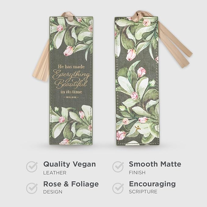 Christian Art Gifts Premium Inspirational Scripture Vegan Leather Bookmark for Women: Everything Beautiful Encouraging Golden Bible Verse, Tan Satin Ribbon, Read Books, Save Pages, Forest Green Floral
