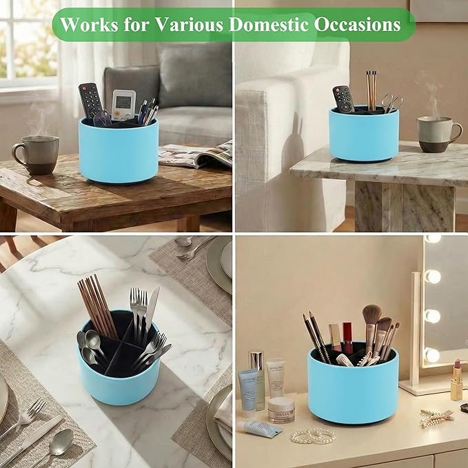 Hennaja Round Leather Art Supply Organizer,Remote Control Holder,360 Degree Spinning,Multi-Functional Pencil Holder,4 Compartments Desktop Stationary Organizer(1-Sheep Blue)