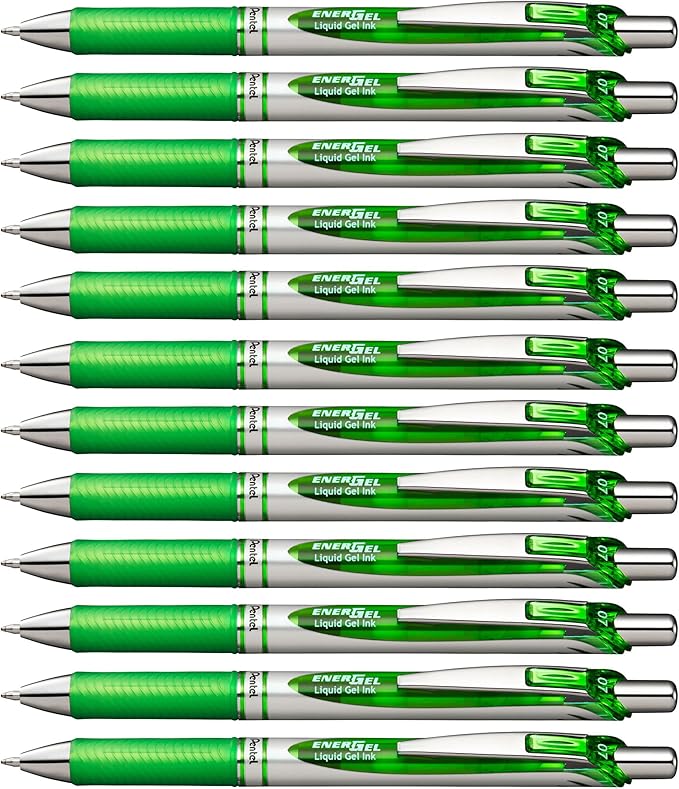 Pentel EnerGel RTX Retractable Liquid Gel Pen, (0.7mm) Metal Tip, Medium Line, Lime Green Ink, Box of 12 (BL77-K)