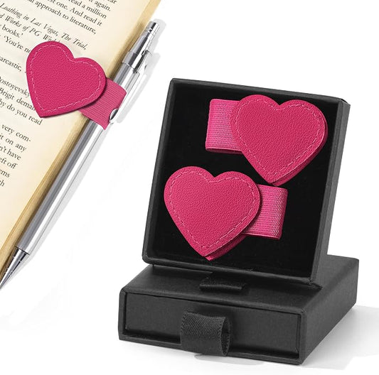 2Pcs Magnetic Leather Heart Bookmarks with Pen Holder, Cute Book Markers Clip with Gift Box, Reading Accessories for Book Lovers Women Teachers Students, Rose Red