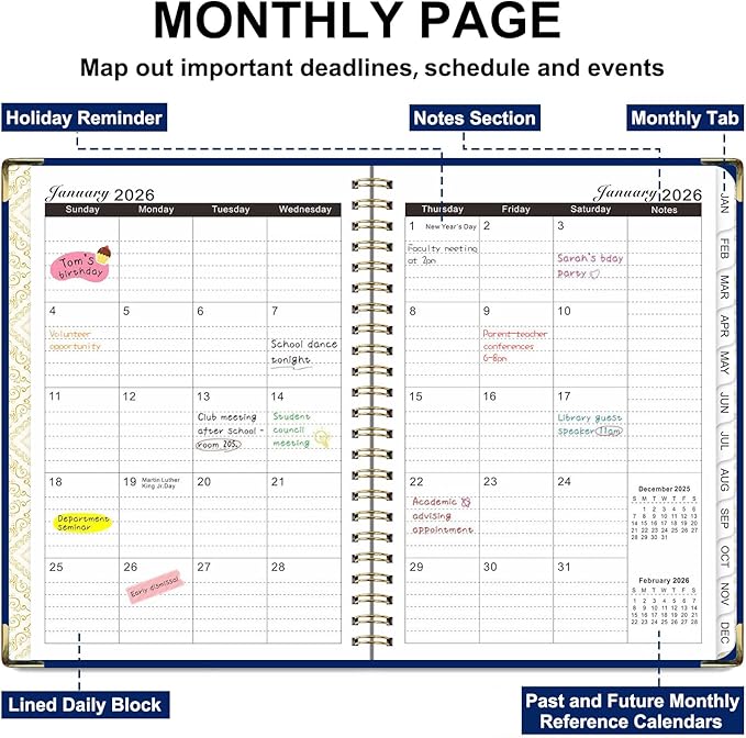2026 Planner, Weekly and Monthly Academic Year 2026 Calendar(January 2026- December 2026), Agenda Book for School Stuedent, Teacher, Home, Office (Deep Blue(JAN2026-DEC2026))