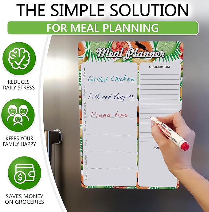 Magnetic Meal Planner for Refrigerator A4-8.5 x 12 Weekly Menu Magnet Fridge Menu Board for Kitchen Dry Erase Menu Board for Fridge Dinner Magnetic Menu Board with Dry Erase Grocery List for Fridge