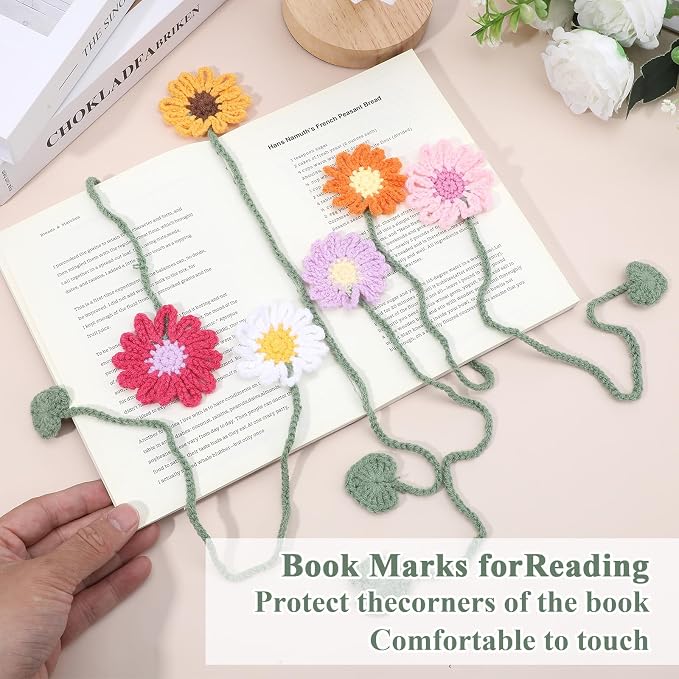 6 Pcs Crochet Bookmarks Daisy Sunflower Flower Bookmark Personalized Bookmark Cute Bookmarks for Reading Women Book Lovers and Teachers (Dark Green Stems)