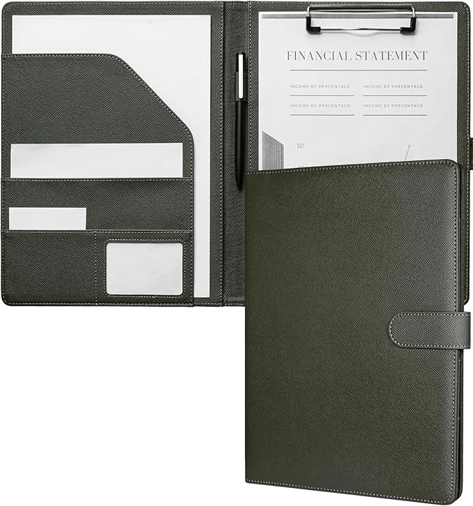 Zreal Padfolio Portfolio for Women & Men, Faux Leather Clipboard with Folder, Resume Document Folder, Legal Pad Holder Fits A4 & Letter Size for Interview, Conference (Olive Green)