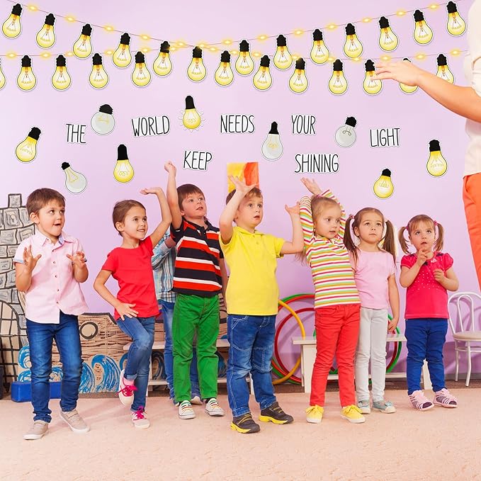 Karenhi 108 Pcs Classroom Light Bulb Bulletin Board Decoration Cutouts Set with Glue Point - Back to Schol Supplies Keep Shining Motivational Banner First Day of Shool Decor (Classic)