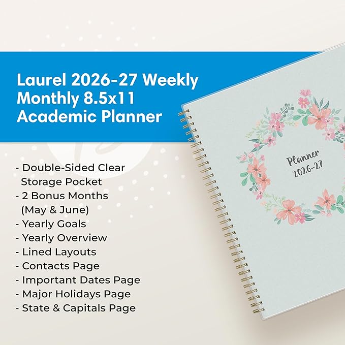 Blue Sky 2026-2027 Weekly and Monthly Academic Year Planner Calendar, July 2026 - June 2027, 8.5" x 11", Flexible Cover, Wirebound, Laminated Tabs, Storage Pocket, Laurel
