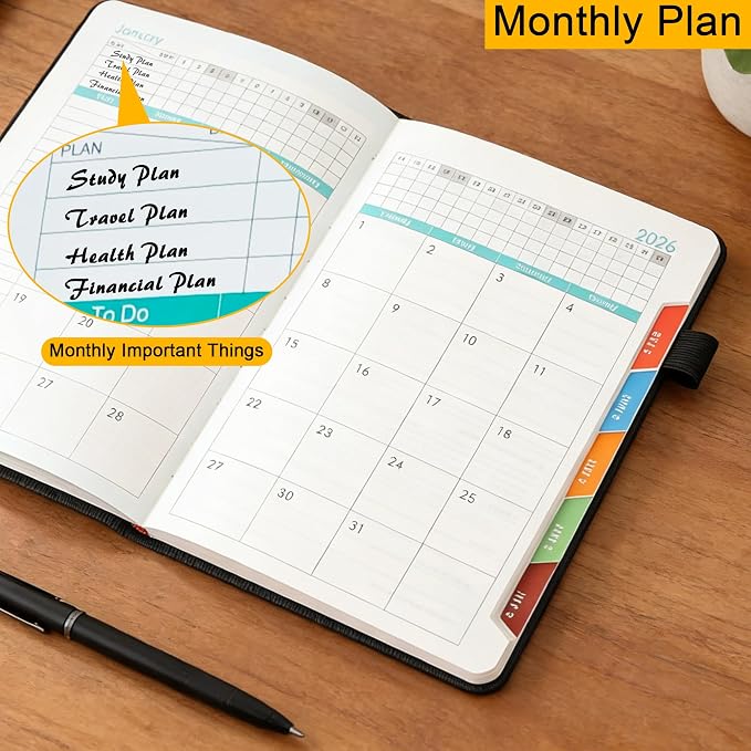 2026 Weekly Monthly Planner A5,Jan-Dec 2026 Hardcover Lay Flat Calendar Notebook, Teacher Office School Academic Organizer Planner 5.7×8.3 Inch,Black
