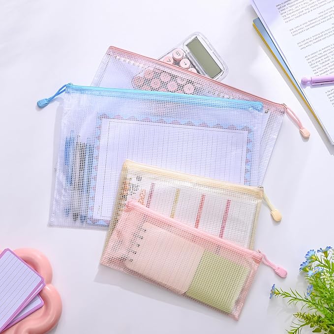 BAYTORY 18Pcs Mesh Zipper Pouch Bags, Clear Waterproof Document Bag, Assorted Color File Pockets, Large Capacity Plastic File Jackets, Multipurpose for Travel School Office and Home (Colorful)