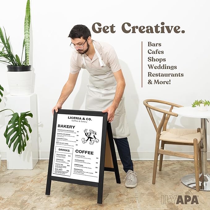 Ilyapa Wooden Dry Erase A Frame Sign - Magnetic Whiteboard Sidewalk Menu Board Outdoor - Menu Display for Restaurant, Food Truck - 31x20 inch - Black
