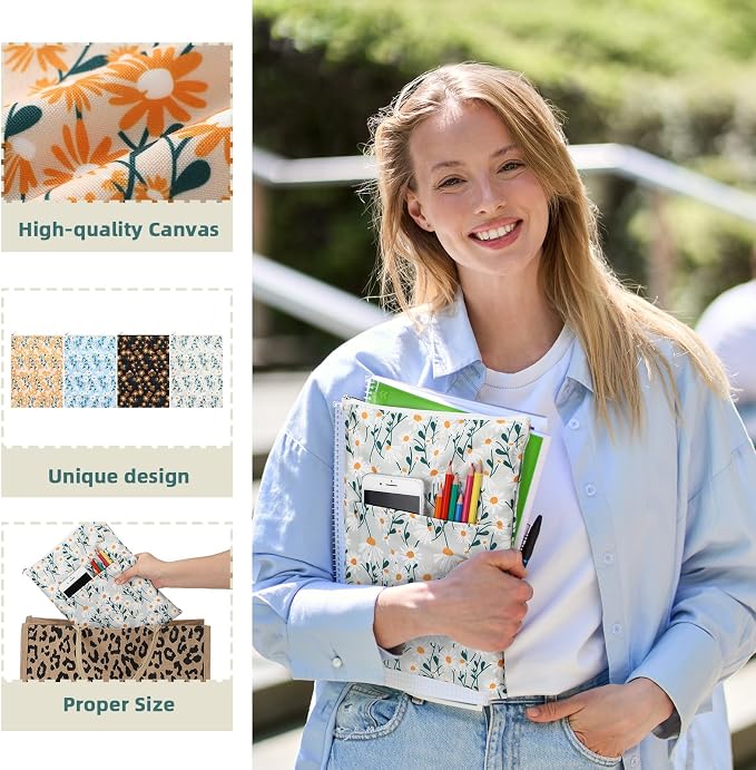 4 Pcs Floral Book Sleeve with Zipper Daisy Flower Fabric Cute Washable Book Protector for Women Reader Bookish Gifts Accessories, 11.8 x 8.7 Inch