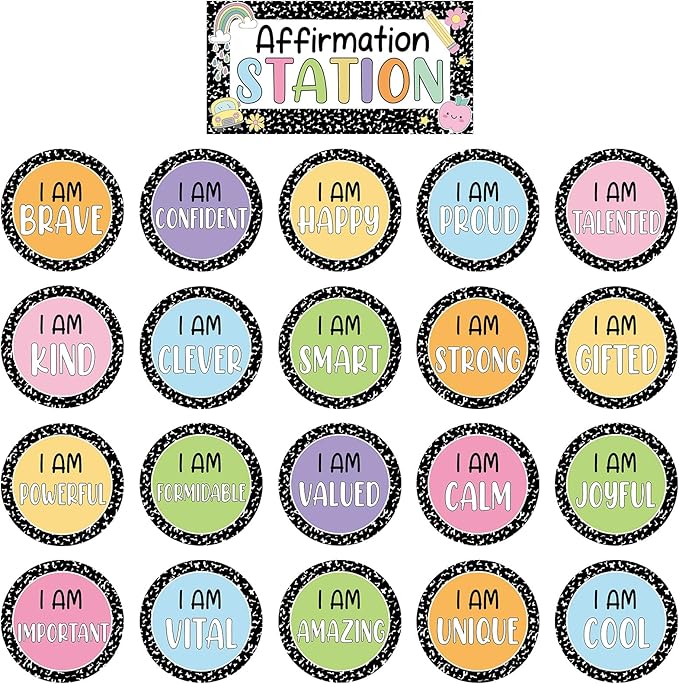 Composition Notebook Affirmation Station Bulletin Board Set Positive Bulletin Board for Classroom Mirror Growth Mindset Composition Inspirational Accent Color Cutouts for Home School Teacher Supply