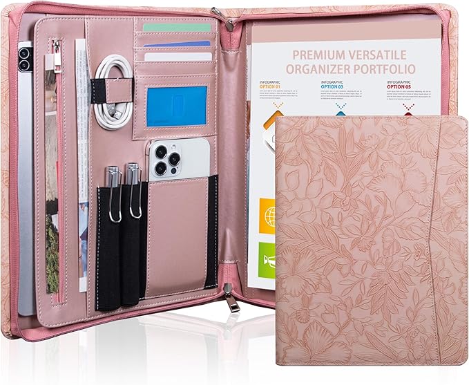 Pink PU Embossed Leather Padfolio for Women, A4 Document Holder with Zipper, Cheque and Legal Notepad Holder, Interview Binder for Women, Work Portfolio Organizer, Personalized Portfolios for Girls