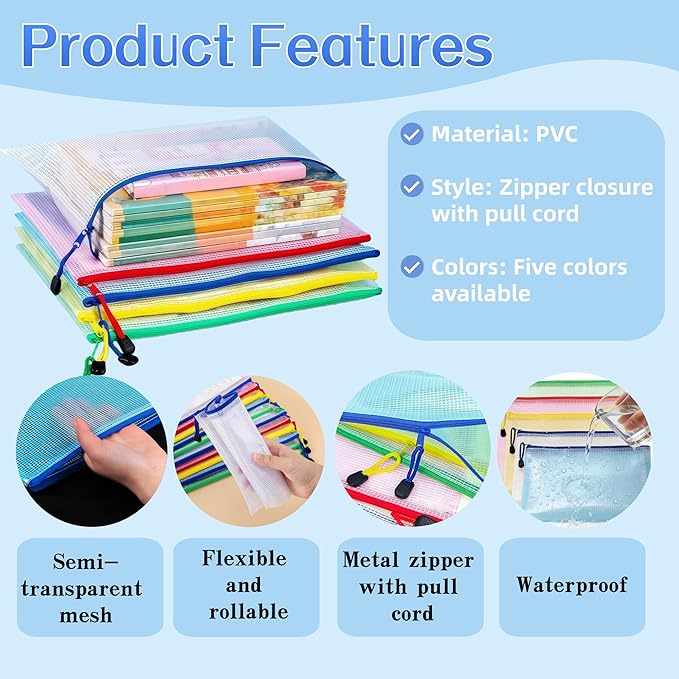 FERENLI 10 Pcs 9.4x6.9 inch Mesh Zipper Pouch Bags with Semi-Transparent Mesh Waterproof Zip Files Bags for Stationery Files Toys Makeup Tools Home Office School Travel Organization(A5, Colorful)