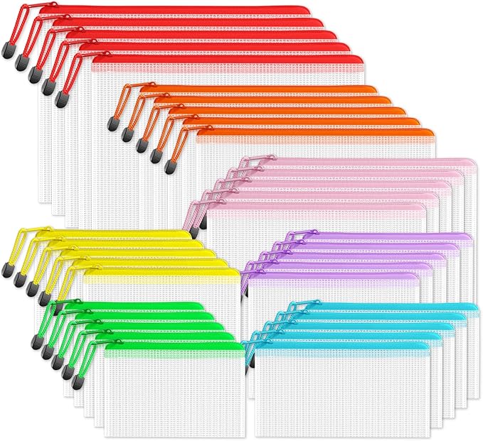 SUNEE Multisize Plastic Zipper Pouches (7 Colors, 35 Packs), Water-Resistant Zip Bag for School Office Supplies, Puzzles & Games Organizing Storage