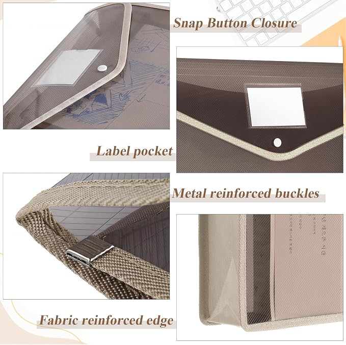 Epakh 10 Pieces Plastic File Folders Envelope Expanding File Wallet Organizer Documents Folder with Snap Closure and Pocket B4 Waterproof Transparent Pouch for School Office(Grey,Horizontal)