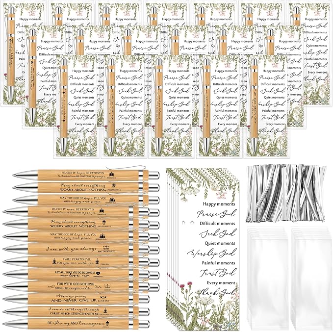 80 Set Christian Religious Gifts Bulk Include Bible Verse Pens and Inspirational Bookmarks Scripture Quote Bible Study Group Church Gifts for Christian Graduation Mother's Day Pastor (Bamboo)