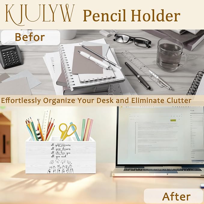 Graduation Quote Pen Holder for Desk, Graduation Gifts, Behind You All Your Memories Wooden Box Pencil Pen Holder Organizer for Home Office Desk Accessories