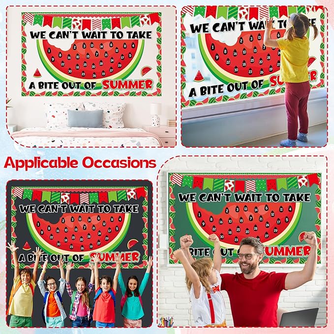 Summer Watermelon Countdown Bulletin Board Set Hello Welcome Summer Classroom Decoration Back to School Bulletin Board Colorful Wall Sticker Peel and Stick Cutouts for Classroom Chalkboard Wall Decor